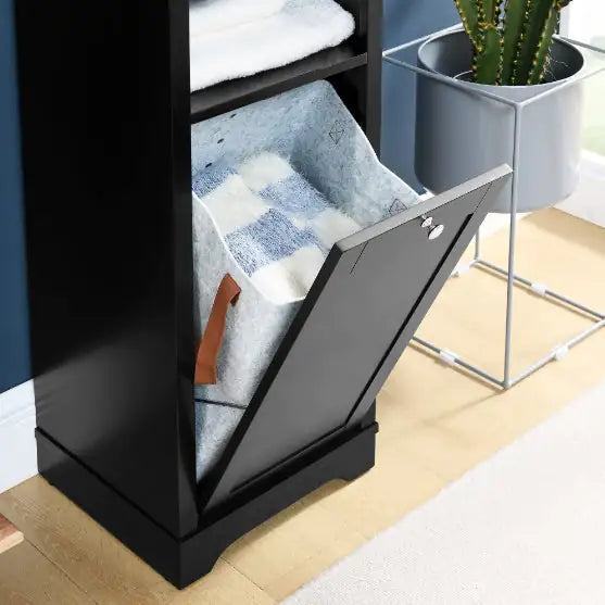 Slimline Black Storage Cabinet with Laundry Hamper