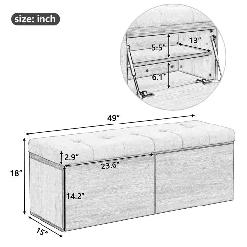 Dual-Door Storage Ottoman with Padded Seat, 49 Inch